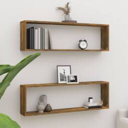 Berkfield Home Wall Cube Shelves 2 pcs Smoked Oak 100x15x30 cm Engineered Wood in Brown - Size: 100 x 15 x 30 cm - thumbnail 1