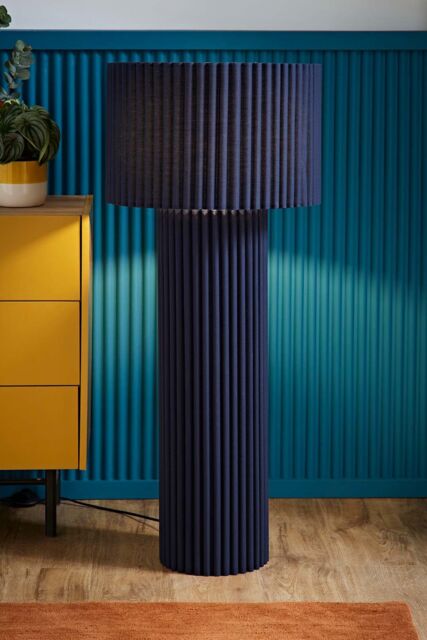 ValueLights Lenny Drum Lamp Shade Colour Drench Ribbed Full Fabric Midi Floor Lamp in Navy - image 1