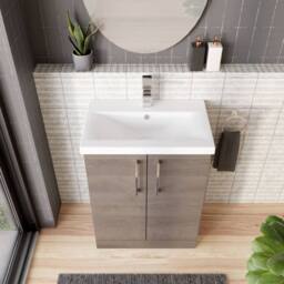 Balterley Contemporary Bathroom Floor Standing 2-Door Vanity Unit & Mid-Edge Ceramic Basin, Solace Oak, 600 mm in Brown - thumbnail 3