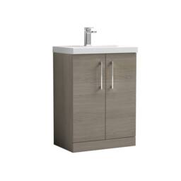 Balterley Contemporary Bathroom Floor Standing 2-Door Vanity Unit & Mid-Edge Ceramic Basin, Solace Oak, 600 mm in Brown - thumbnail 1