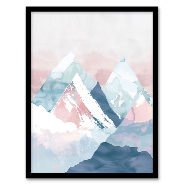 "Artery8 Misty Morning Snowcapped Mountain Range Pastel Framed Art Print in Pink - Size: W12"" x H16""" - image 1