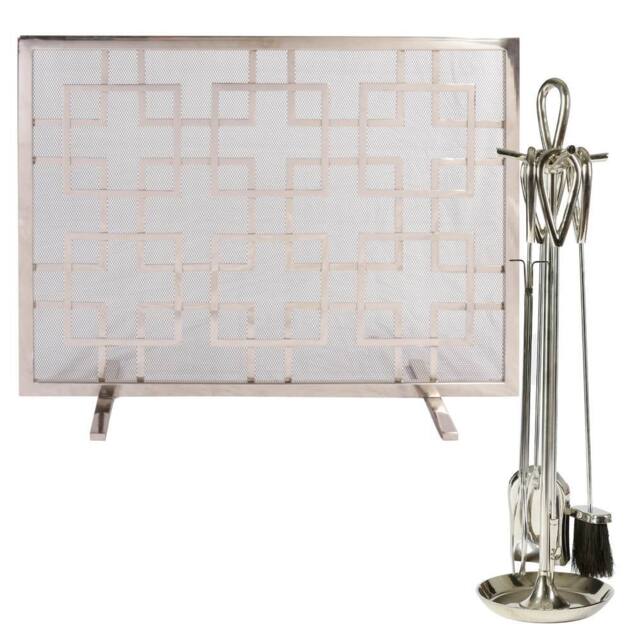 Dibor Contemporary Nickel 4pc Freestanding Fireside Companion Set with Fire Screen Guard in Silver - image 1