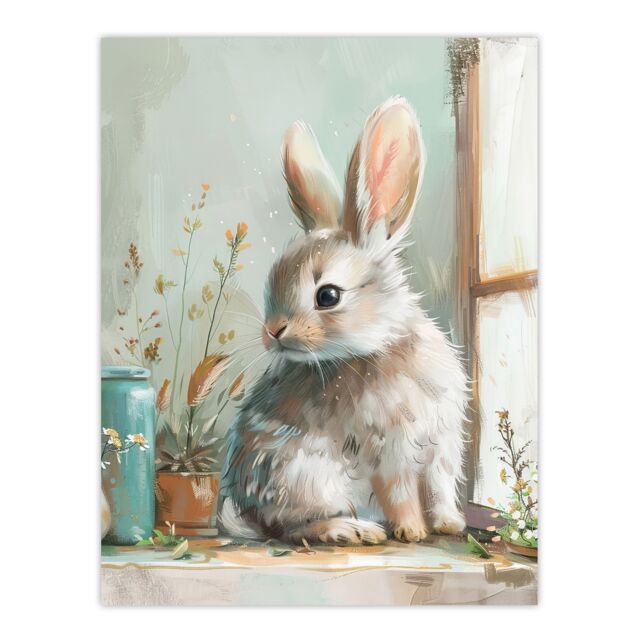 "Artery8 Cute Bunny Rabbit on Window Sill Rustic Painting Wall Art Print in Light Blue - Size: W18"" x H24""" - image 1