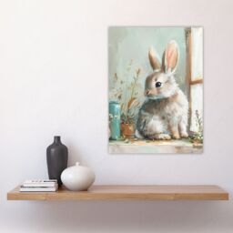 "Artery8 Cute Bunny Rabbit on Window Sill Rustic Painting Wall Art Print in Light Blue - Size: W18"" x H24""" - thumbnail 4