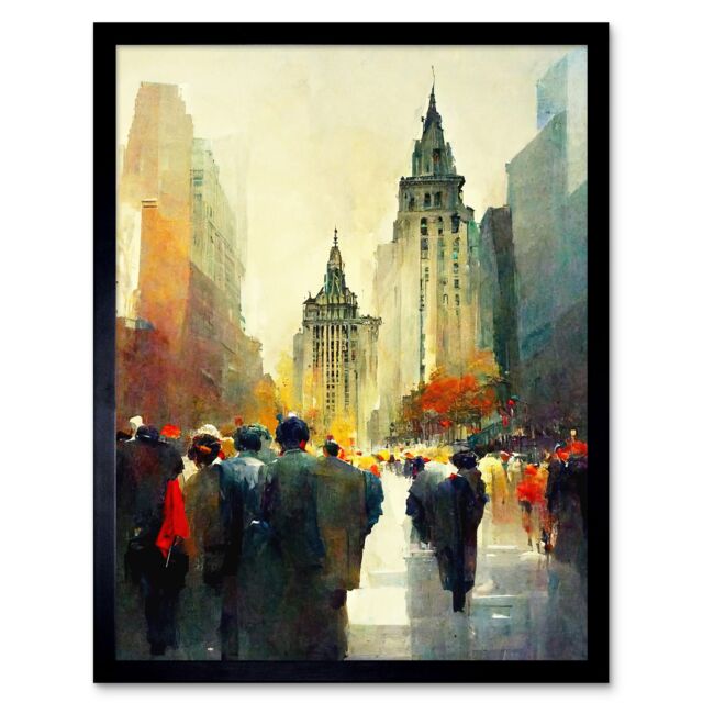 "Artery8 Wall Art Print Autumn On Wall Street New York City Painting Art Framed in Black - Size: W12"" x H16""" - image 1