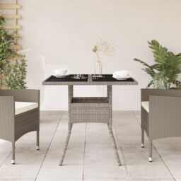 Berkfield Home Garden Table with Glass Top Light Grey 80x80x75 cm Poly Rattan - Size: 80 x 80 x 75 cm - thumbnail 3