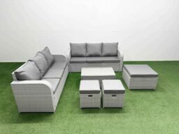 Fimous Outdoor Garden Furniture Sets 9 Seater Wicker Rattan Furniture Sofa Sets w/ Rectangular Coffee Table high Back Lounge Sofa 3 Stools Light Grey - thumbnail 2