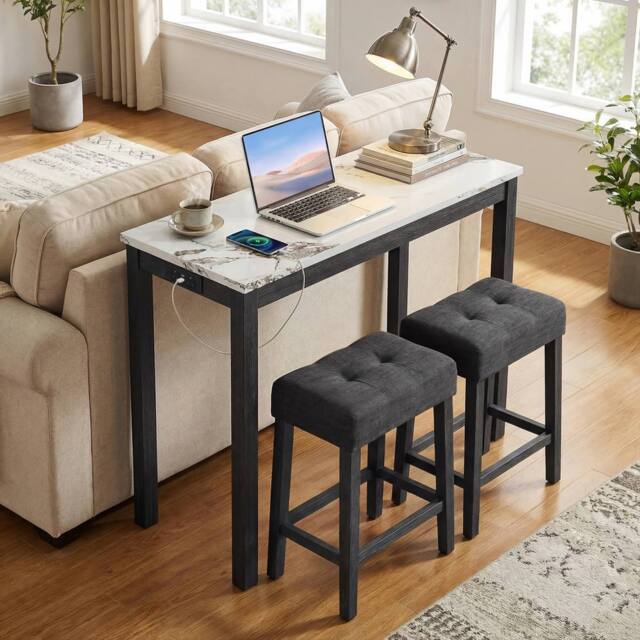 Costway 3PCS Bar Table Set w/ Charging Station Modern Pub Table w/ 2 Stools in White - image 1