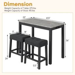 Costway 3PCS Bar Table Set w/ Charging Station Modern Pub Table w/ 2 Stools in Grey - thumbnail 5