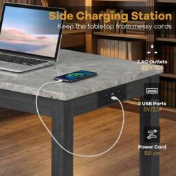 Costway 3PCS Bar Table Set w/ Charging Station Modern Pub Table w/ 2 Stools in Grey - thumbnail 9