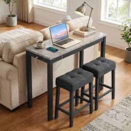 Costway 3PCS Bar Table Set w/ Charging Station Modern Pub Table w/ 2 Stools in Grey