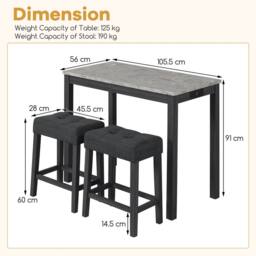 Costway 3PCS Bar Table Set w/ Charging Station Modern Pub Table w/ 2 Stools in Grey - thumbnail 3