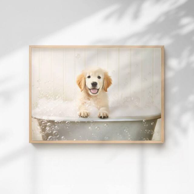 60 SECOND MAKEOVER Golden Retriever In The Bath Quirky Animal Print - Size: A4 - image 1