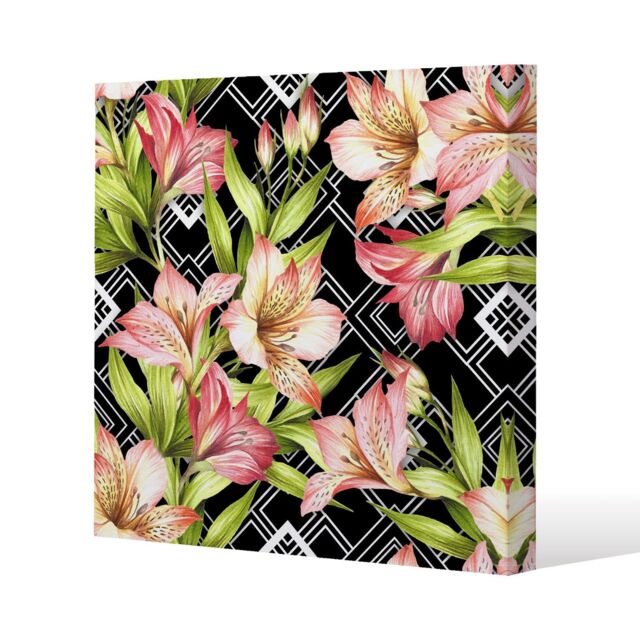 Benjamin Tate Design Bright Plants on Geometric Background (Canvas Print) / 77 x 77 x 4cm in Natural - Size: 77 x 77 x 4 cm - image 1