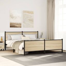 Berkfield Home Metal Bed Frame without Mattress Sonoma Oak 200x200 cm in Brown - thumbnail 1