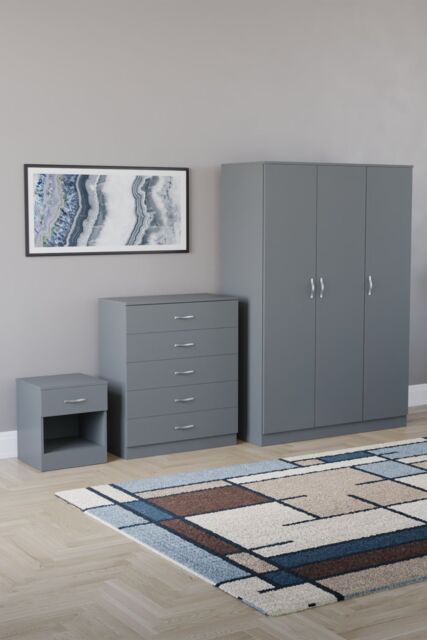 Home Discount Vida Designs Riano 3Pc Bedroom Set - 5 Drawer Chest, 3 Door Wardrobe in Grey - image 1