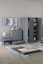 Home Discount Vida Designs Riano 3Pc Bedroom Set - 5 Drawer Chest, 3 Door Wardrobe in Grey - thumbnail 2