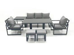 Fimous Outdoor Aluminium Garden Furniture Set w/ Adjustable Rising Lifting Dining Table 3 Seater Sofa 2 Chair 2 Small Footstools Side Table Dark Grey - thumbnail 2