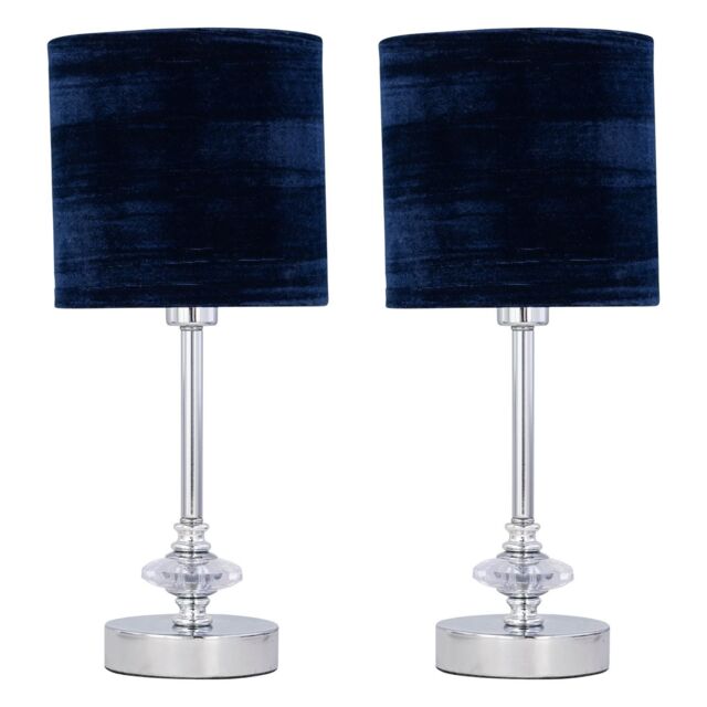 First Choice Lighting Set of 2 Chrome Jewelled Table Lamp with Navy Blue Velvet Shades in Silver - image 1