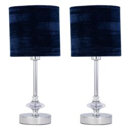 First Choice Lighting Set of 2 Chrome Jewelled Table Lamp with Navy Blue Velvet Shades in Silver