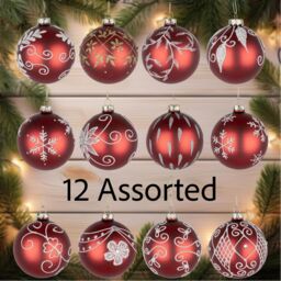 Shatchi Christmas Glass Baubles 12pcs Set - 8cm Red Ornaments with 12 Unique Festive Designs - thumbnail 6