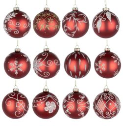 Shatchi Christmas Glass Baubles 12pcs Set - 8cm Red Ornaments with 12 Unique Festive Designs