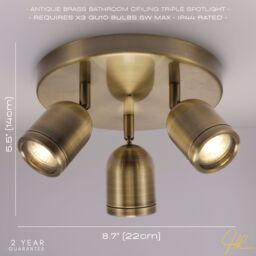 Happy Homewares Modern Triple Metal Spot IP44 Bathroom Ceiling Light with Adjustable Heads in Metallic Gold - thumbnail 8