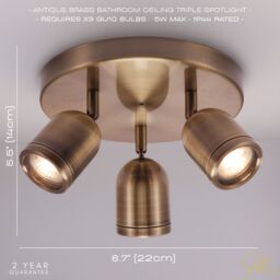 Happy Homewares Modern Triple Metal Spot IP44 Bathroom Ceiling Light with Adjustable Heads in Metallic Gold - thumbnail 7