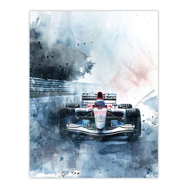 "Artery8 Race Car Modern Watercolour Racetrack Action Shot Wall Art Print in Blue - Size: W24"" x H32""" - image 1