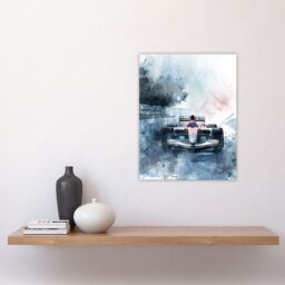 "Artery8 Race Car Modern Watercolour Racetrack Action Shot Wall Art Print in Blue - Size: W24"" x H32""" - thumbnail 4