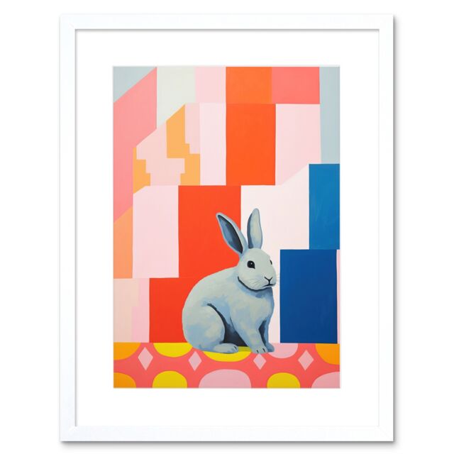 "Artery8 Wall Art Print Fat White Rabbit Bold Pop Art Colourful Conceptual Modern Artwork Framed 9X7 Inch - Size: W7"" x H9""" - image 1