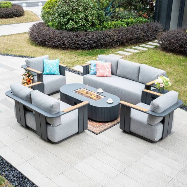 MIMO Outdoor Aluminum Sofa Set with Teak Armrests, Terrafab Fire Pit Table in Grey - Size: 1 Pack - image 1