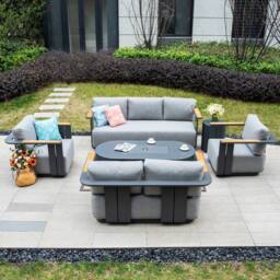 MIMO Outdoor Aluminum Sofa Set with Teak Armrests, Terrafab Fire Pit Table in Grey - Size: 1 Pack - thumbnail 9
