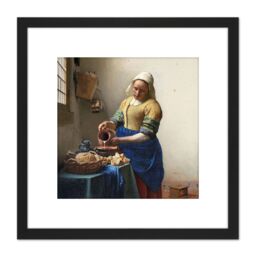 Artery8 Vermeer The Milkmaid Woman Kitchen Painting 8X8 Inch Square Wooden Framed Wall Art Print Picture with Mount in Black - thumbnail 1