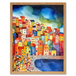 "Artery8 Wall Art Print Menton France Seaside Town Folk Art Framed in Light Oak - Size: W12"" x H16""" - thumbnail 1
