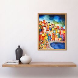 "Artery8 Wall Art Print Menton France Seaside Town Folk Art Framed in Light Oak - Size: W12"" x H16""" - thumbnail 2