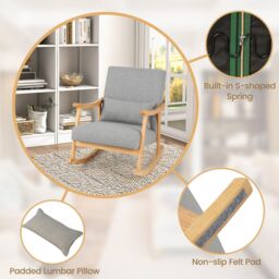 Costway Rocking Chair Upholstered Relaxing Recliner Armchair with Soft Cushion & Pillow in Grey - thumbnail 6