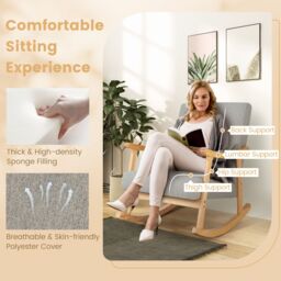 Costway Rocking Chair Upholstered Relaxing Recliner Armchair with Soft Cushion & Pillow in Grey - thumbnail 4