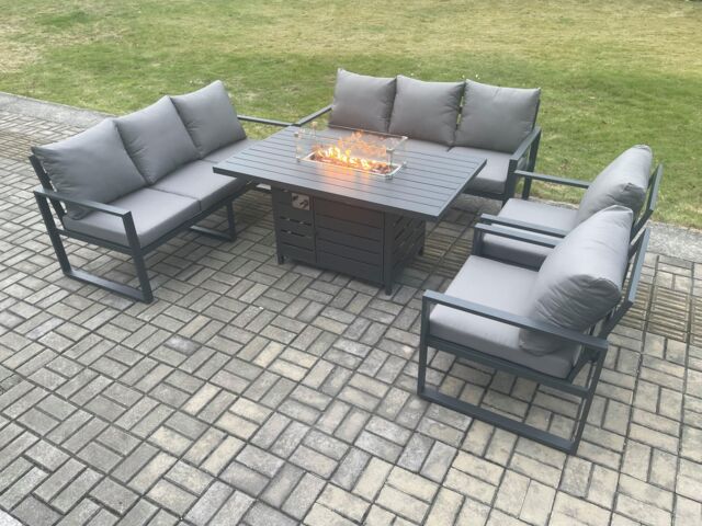 Fimous Aluminium 5 Pieces Garden Furniture Sofa Set with Cushions 8 Seater Gas Fire Pit Dining Table Set Dark Grey - image 1