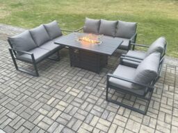Fimous Aluminium 5 Pieces Garden Furniture Sofa Set with Cushions 8 Seater Gas Fire Pit Dining Table Set Dark Grey - thumbnail 1