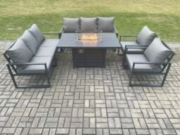Fimous Aluminium 5 Pieces Garden Furniture Sofa Set with Cushions 8 Seater Gas Fire Pit Dining Table Set Dark Grey - thumbnail 2