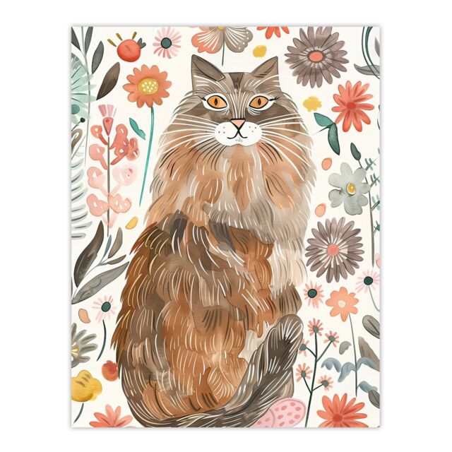 "Artery8 Cat Lover Maine Coon Folk Art Floral Watercolour Wall Art Print - Size: W12"" x H16""" - image 1