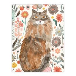 "Artery8 Cat Lover Maine Coon Folk Art Floral Watercolour Wall Art Print - Size: W12"" x H16""" - thumbnail 1
