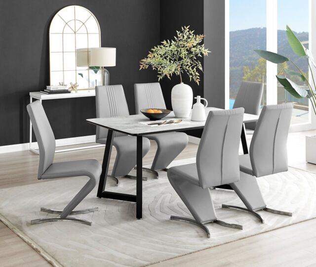FurnitureboxUK Carson White Marble Effect Dining Table & 6 Willow Chairs in Grey - image 1