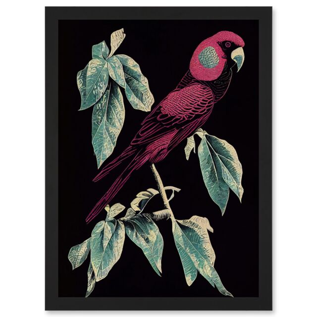Artery8 Burgundy Parakeet Retro Modern Vintage Tropical Jungle Artwork Framed Wall Art Print A4 in Black - image 1