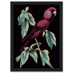 Artery8 Burgundy Parakeet Retro Modern Vintage Tropical Jungle Artwork Framed Wall Art Print A4 in Black - thumbnail 1