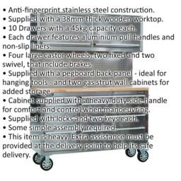 Loops 1475 x 505 x 1860mm Mobile STAINLESS STEEL Tool Cabinet - 10 Drawer & 2 Cupboard in Metallics - thumbnail 2