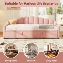 ModernLuxe Upholstered single daybed with pull out trundle & scalloped backrest in Pink - thumbnail 9
