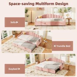 ModernLuxe Upholstered single daybed with pull out trundle & scalloped backrest in Pink - thumbnail 6