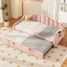 ModernLuxe Upholstered single daybed with pull out trundle & scalloped backrest in Pink - thumbnail 3